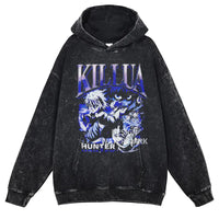 Gon Freecss Hunter x Hunter Washed Hoodie featuring bold Killua graphic on washed black background.