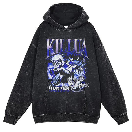 Gon Freecss Hunter x Hunter Washed Hoodie featuring bold Killua graphic on washed black background.