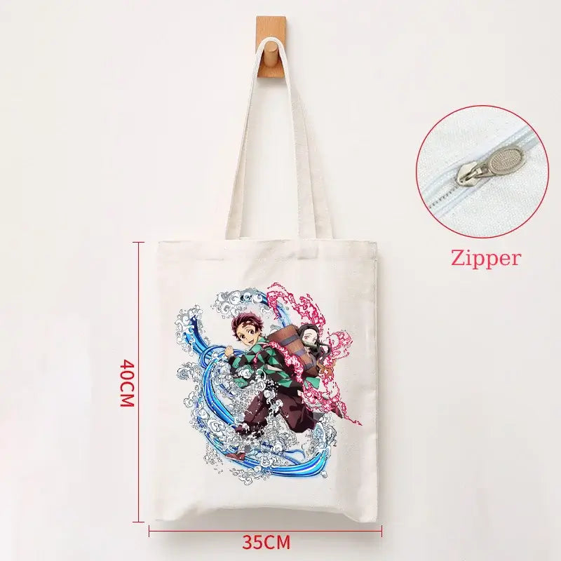 A durable Demon Slayer Canvas Bag featuring Kamado Nezuko and Tanjiro anime graphics, designed as a zipper tote for students and shoppers.
