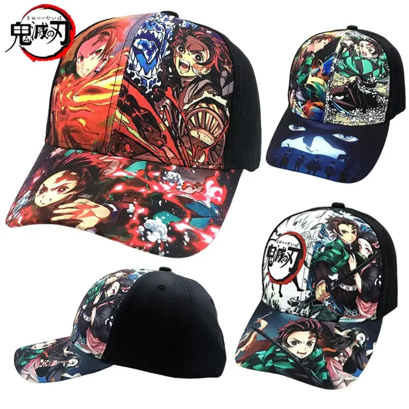 A trendy Demon Slayer Baseball Cap featuring graphic prints of Tanjiro and Nezuko, designed as an adjustable hip hop sun hat for men and women.