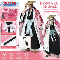 Shunsui Kyoraku BLEACH TYBW Cosplay Costume showcased in a vibrant five-piece outfit with printed robe.