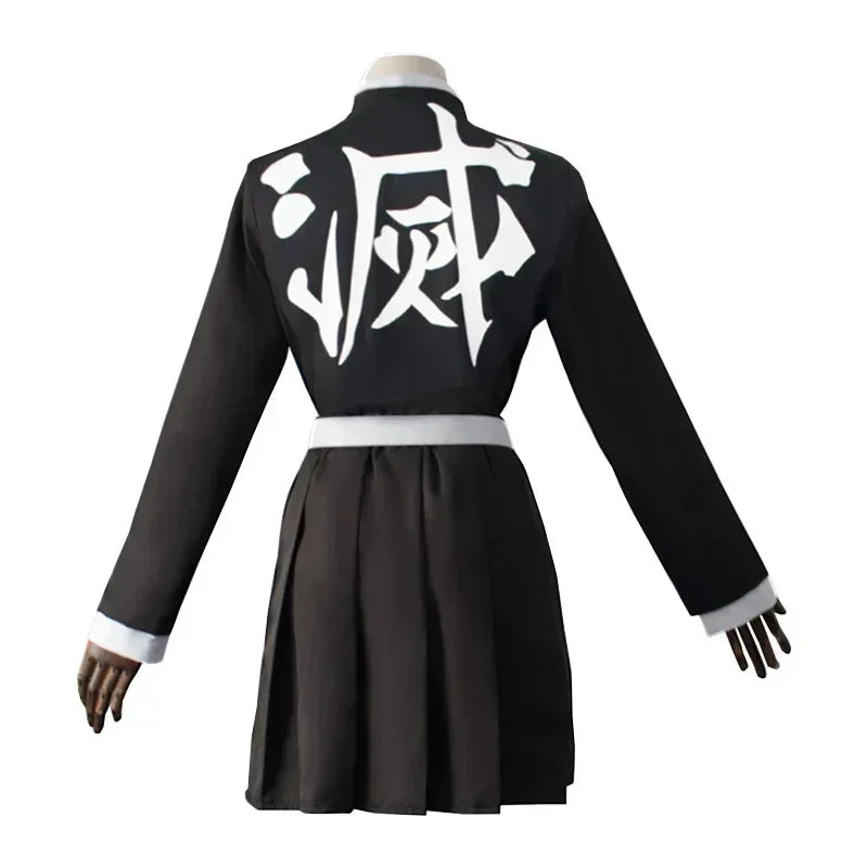 A complete Mitsuri Kanroji Cosplay Costume featuring the white haori, black uniform dress, and pink-green gradient wig for adults and children.