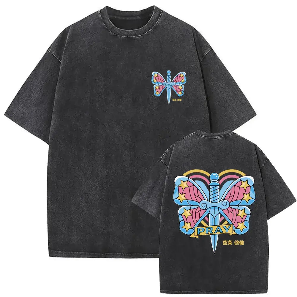 A washed Jojo Bizarre Adventure Vintage T-shirt featuring high-quality manga prints of Jotaro Kujo, Dio, and Giorno for men and women.