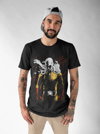 A black Saitama T-Shirt featuring a gritty horror manga graphic of the One Punch Man protagonist, styled as unisex streetwear.