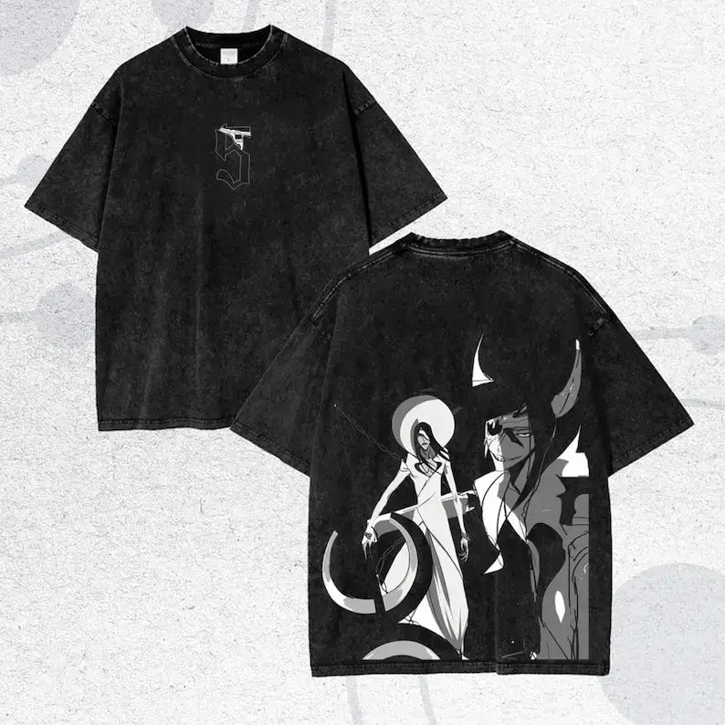 Ichigo Kurosaki Ink Sketch Kanji Double-Sided T-Shirt featuring vintage wash and oversized style.