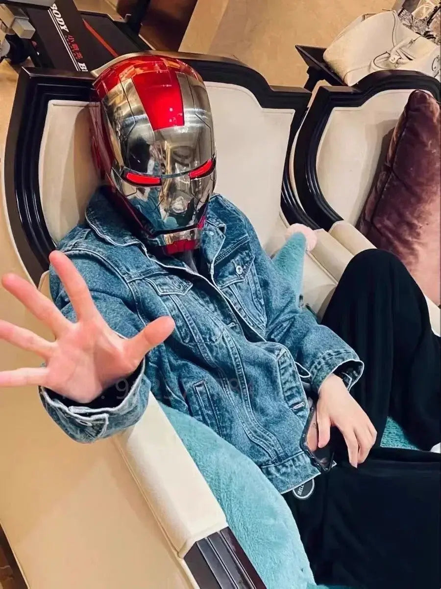 A wearable AutoKing Iron Man Helmet (Mk5) featuring voice-controlled opening face plates and glowing LED eyes for adult cosplay and display.