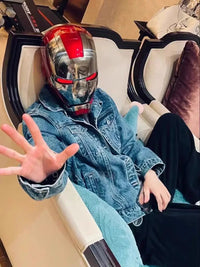 A wearable AutoKing Iron Man Helmet (Mk5) featuring voice-controlled opening face plates and glowing LED eyes for adult cosplay and display.