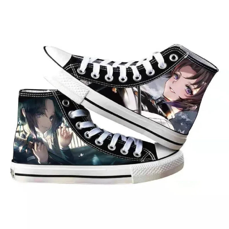 High-top Demon Slayer Canvas Shoes featuring Tanjiro Kamado and Jibaku Shounen Hanako-kun anime prints for casual fashion.