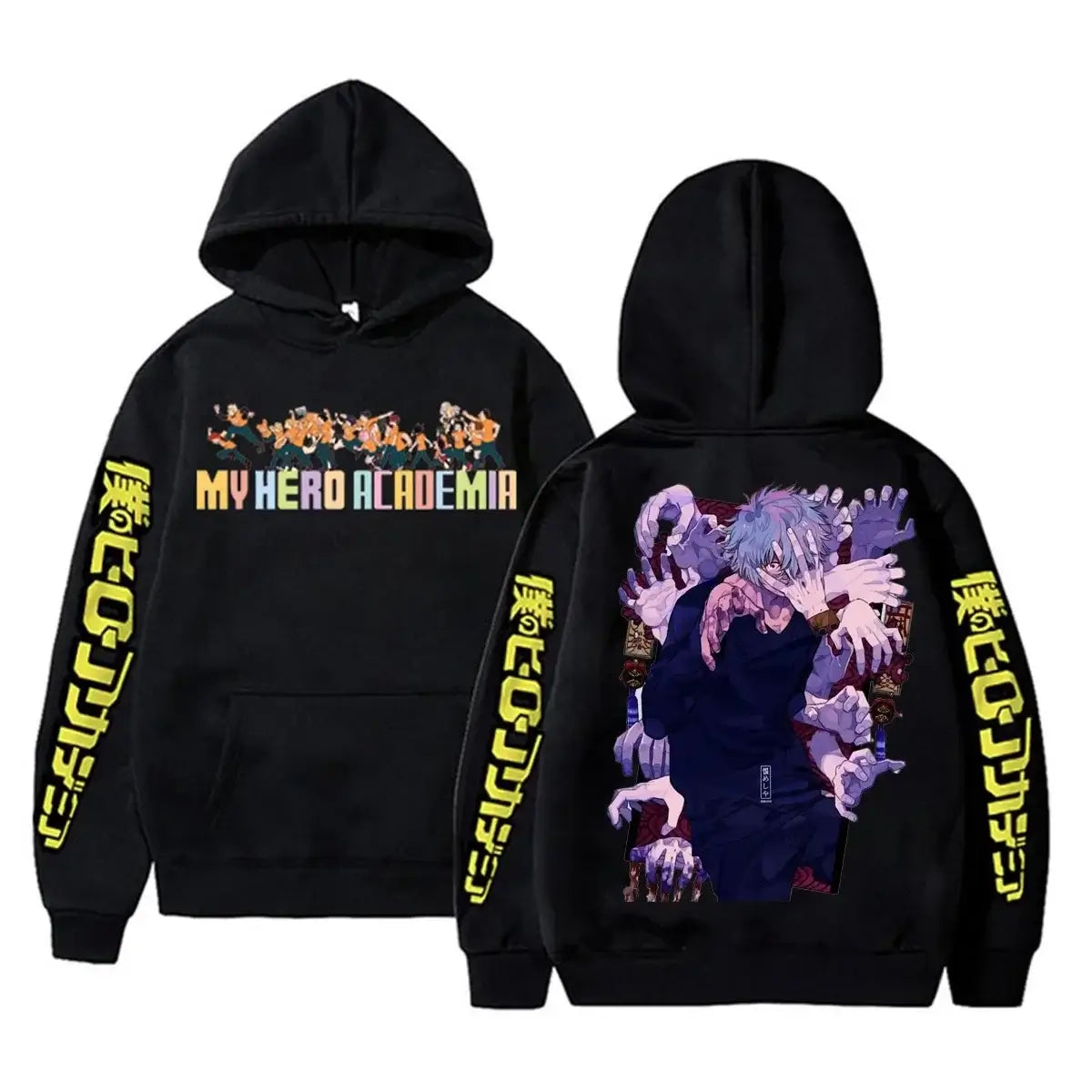 An oversized Midoriya Izuku Hoodie featuring a black and white manga graphic print, styled as unisex Harajuku streetwear for men and women.