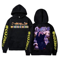 An oversized Midoriya Izuku Hoodie featuring a black and white manga graphic print, styled as unisex Harajuku streetwear for men and women.