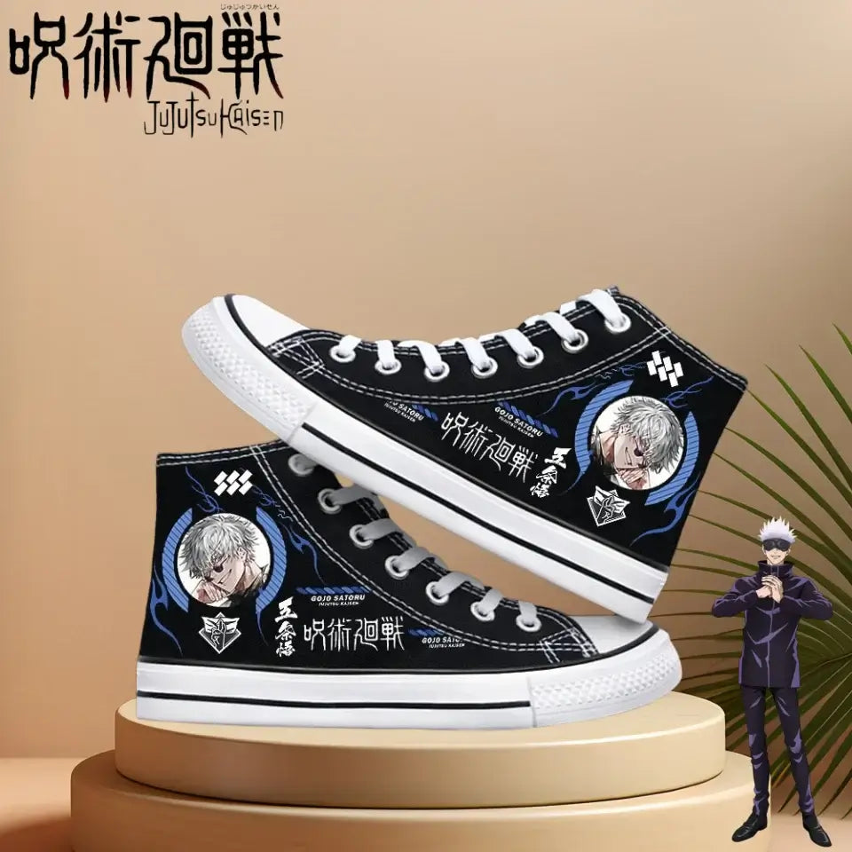 Pair of Jujutsu Kaisen Canvas Shoes featuring Gojo Satoru and Fushiguro Megumi creative cartoon patterns, designed as fashion high-top sneakers.