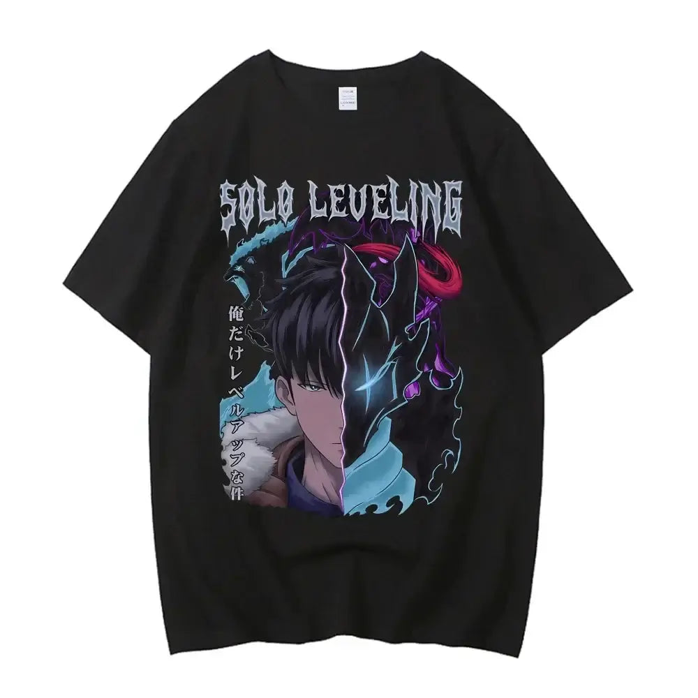 A high-quality Japanese Anime Solo Leveling T Shirt with a Sung Jinwoo cartoon graphic in a Harajuku short sleeve style.