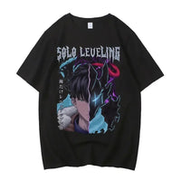 A high-quality Japanese Anime Solo Leveling T Shirt with a Sung Jinwoo cartoon graphic in a Harajuku short sleeve style.