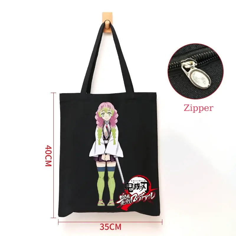 A durable Demon Slayer Canvas Bag featuring Kamado Nezuko and Tanjiro anime graphics, designed as a zipper tote for students and shoppers.