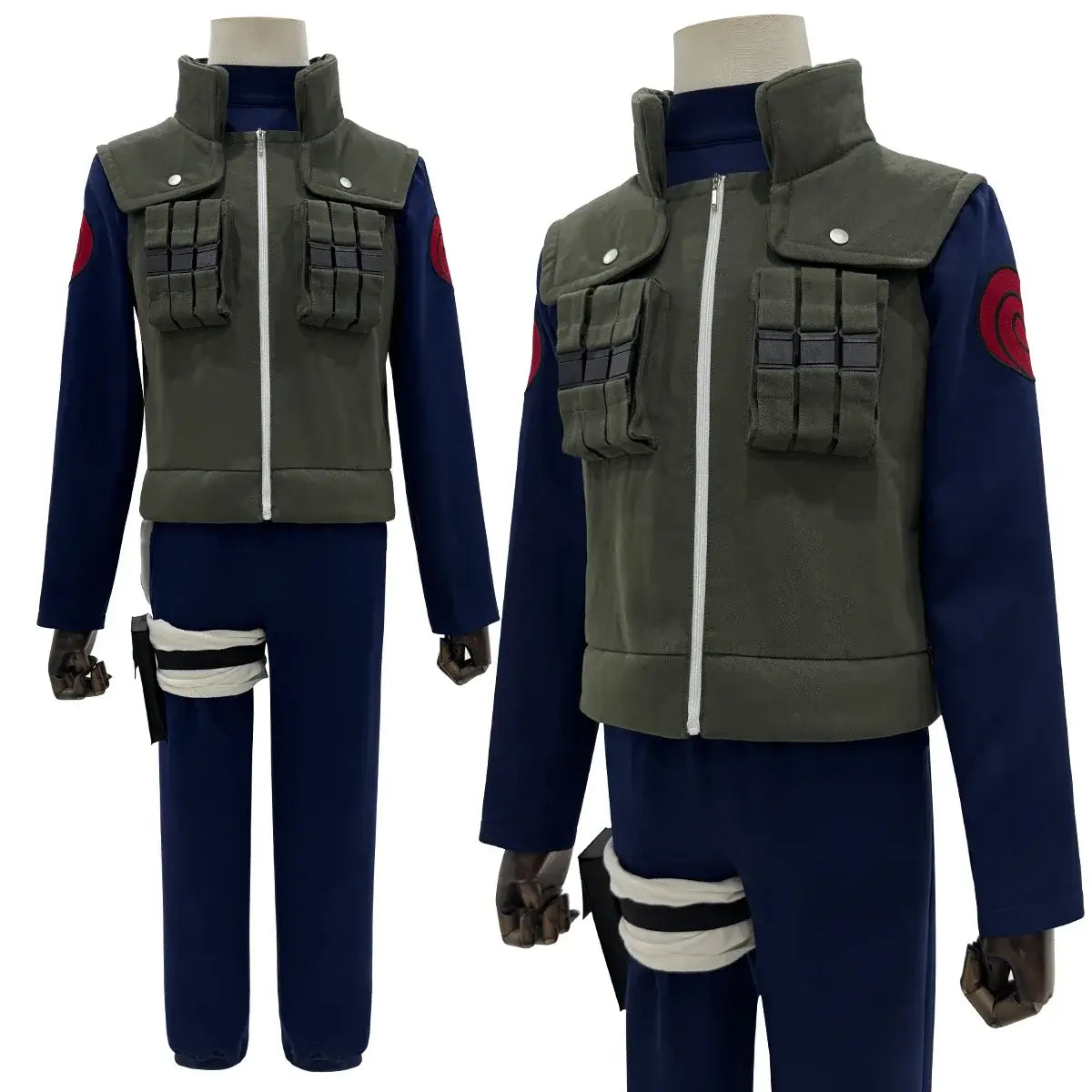 A complete HOLOUN Anime Hatake Kakashi Cosplay Costume set including the Jonin vest, t-shirt, pants, and pouch for a convention or Halloween.