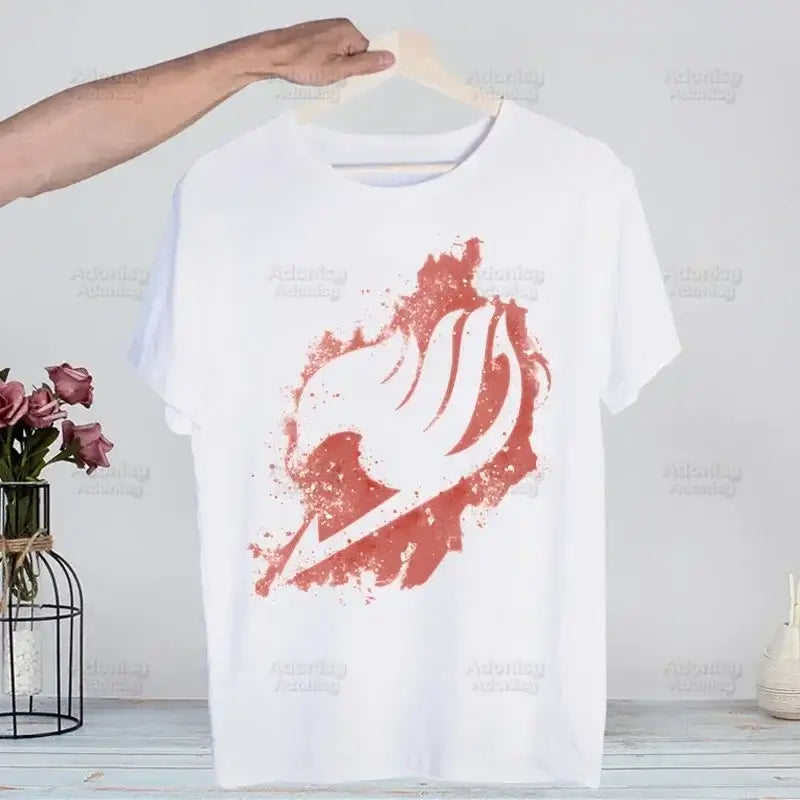 A hip hop style Fairy Tail T-shirt made of cotton featuring anime characters Natsu Dragneel and Lucy Heartfilia.