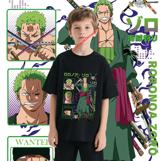 One Piece Zoro Kids T-Shirt Pure Cotton Boys Top Zoro cartoon print close-up fabric detail