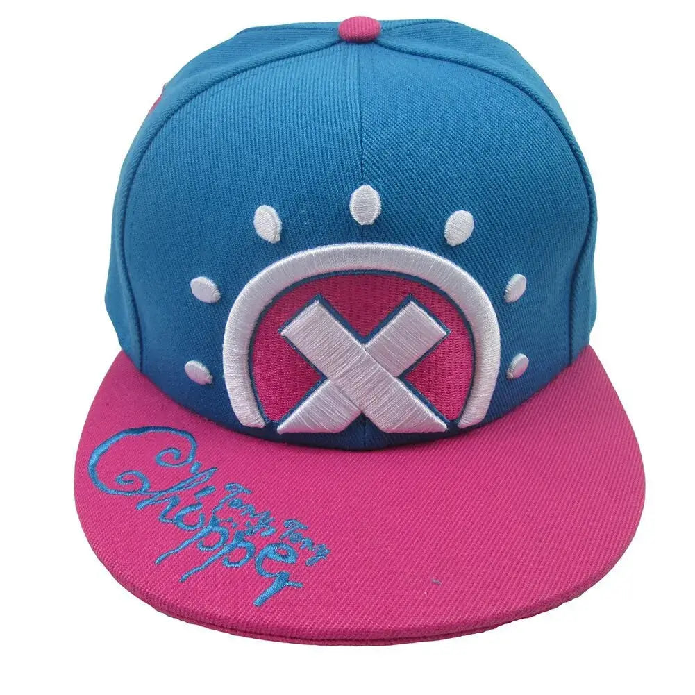 An adjustable One Piece Baseball Cap featuring Tony Tony Chopper and Trafalgar Law designs, styled as a casual cotton sun visor for cosplay.