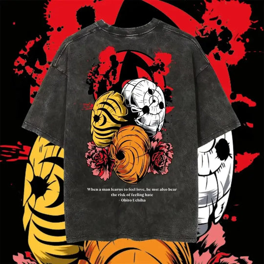 A washed black Obito Uchiha T-shirt made of cotton, featuring manga graphic art and an oversized Y2K streetwear fit for men and women.