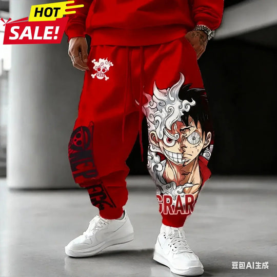 Unisex Luffy Gear 5 Pants made of thick winter cotton, featuring Sun God Nika anime graphics and cuffed ankles for Harajuku streetwear style.