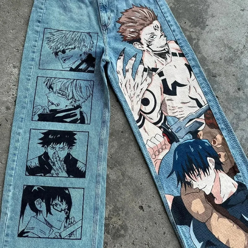 Trendy Y2K Anime Baggy Jeans featuring a Harajuku graphic print pattern, designed as high-waisted vintage streetwear for men and women.