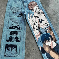 Trendy Y2K Anime Baggy Jeans featuring a Harajuku graphic print pattern, designed as high-waisted vintage streetwear for men and women.