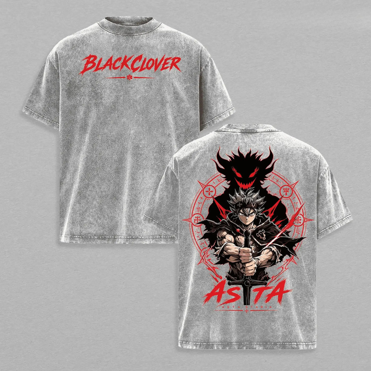 Asta Black Clover Vintage Washed Oversized T-Shirt featuring character graphic and logo on a gray background.