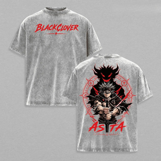 Asta Black Clover Vintage Washed Oversized T-Shirt featuring character graphic and logo on a gray background.