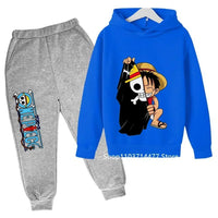 A comfortable One Piece Hoodie Set for kids featuring Monkey D. Luffy anime graphics, including a hoodie and pants 2-piece sports suit.