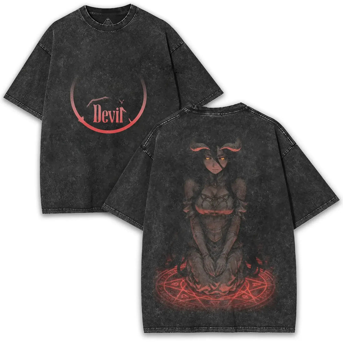 Albedo Overlord Vintage Washed Harajuku T-Shirt featuring devil illustration and oversized design in black wash.