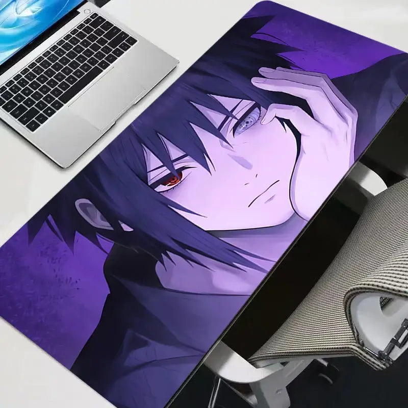 A premium Sasuke Uchiha Mouse Pad featuring an HD print anime graphic, designed as a non-slip rubber gaming desk mat for computer accessories.