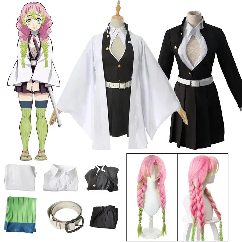 A complete Mitsuri Kanroji Cosplay Costume featuring the white haori, black uniform dress, and pink-green gradient wig for adults and children.