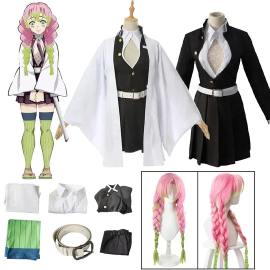 A complete Mitsuri Kanroji Cosplay Costume featuring the white haori, black uniform dress, and pink-green gradient wig for adults and children.
