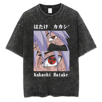 A man wearing the vintage black Japanese Anime Naruto Print T Shirt in a Harajuku hip hop streetwear style.
