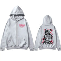 Albedo Overlord Vintage Zip Up Hoodie showing front and back designs in light gray cotton fleece.