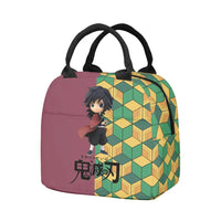 A 3-piece Demon Slayer Backpack Set featuring Tanjiro and Nezuko anime art, including a school bag, lunch box, and pencil case for elementary students.