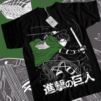 A trendy Levi Shingeki T-shirt featuring a dark horror graphic of Levi Ackerman from Attack on Titan, styled as Y2K women's streetwear.