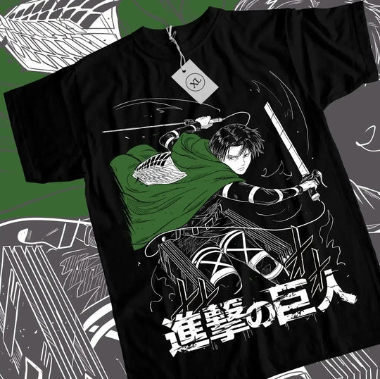 A trendy Levi Shingeki T-shirt featuring a dark horror graphic of Levi Ackerman from Attack on Titan, styled as Y2K women's streetwear.