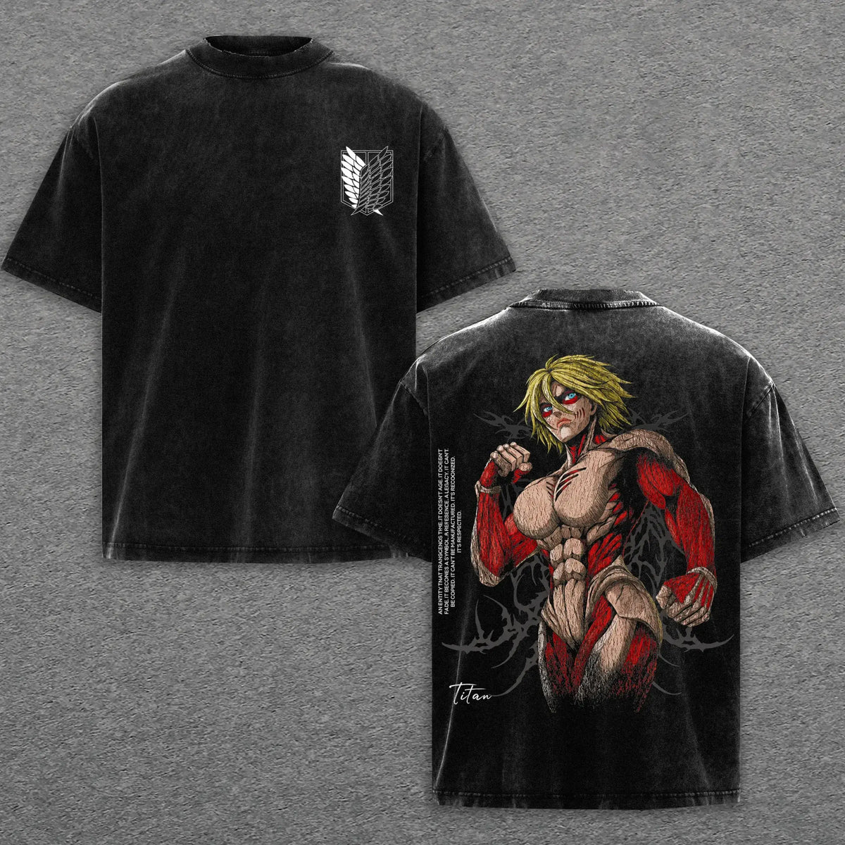 Attack on Titan Female Titan Vintage Washed T-Shirt featuring detailed artwork and soft cotton fabric.