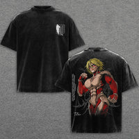 Attack on Titan Female Titan Vintage Washed T-Shirt featuring detailed artwork and soft cotton fabric.