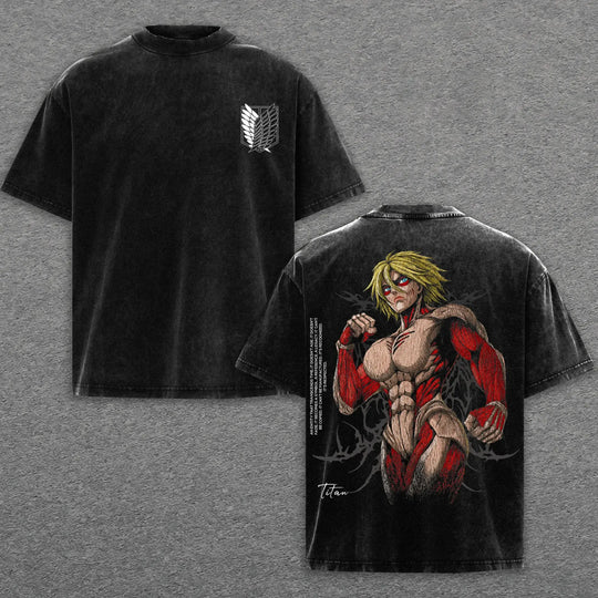 Attack on Titan Female Titan Vintage Washed T-Shirt featuring detailed artwork and soft cotton fabric.
