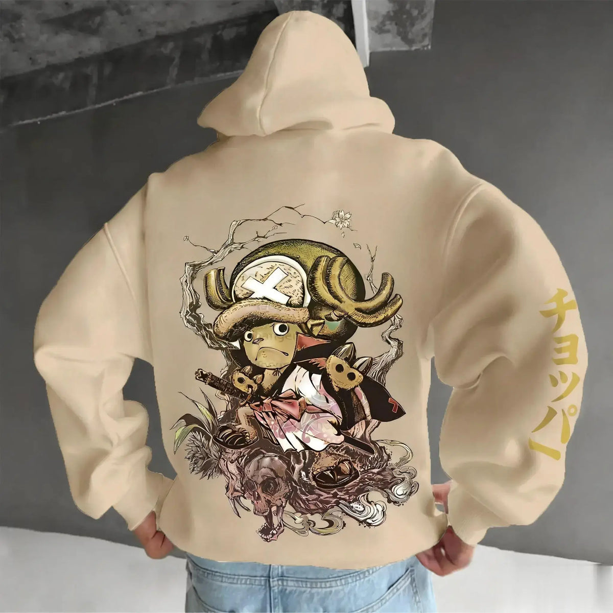 An oversized Chopper Graphic Hoodie featuring a cute Tony Tony Chopper anime print, designed as casual autumn and winter streetwear for men and women.