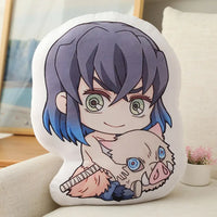 Demon Slayer Nezuko Kawaii Stuffed Plush Doll showcased with a girl holding the cushion featuring Nezuko and Tanjiro designs.