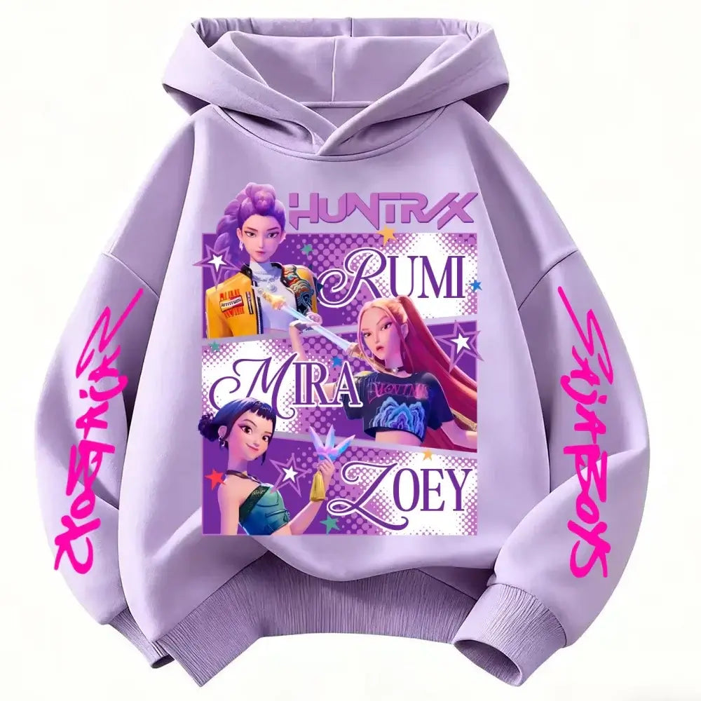 A fashionable KPop Demon Hunters Hoodie featuring the Huntrix design, a spring and autumn sweatshirt for boys and girls.