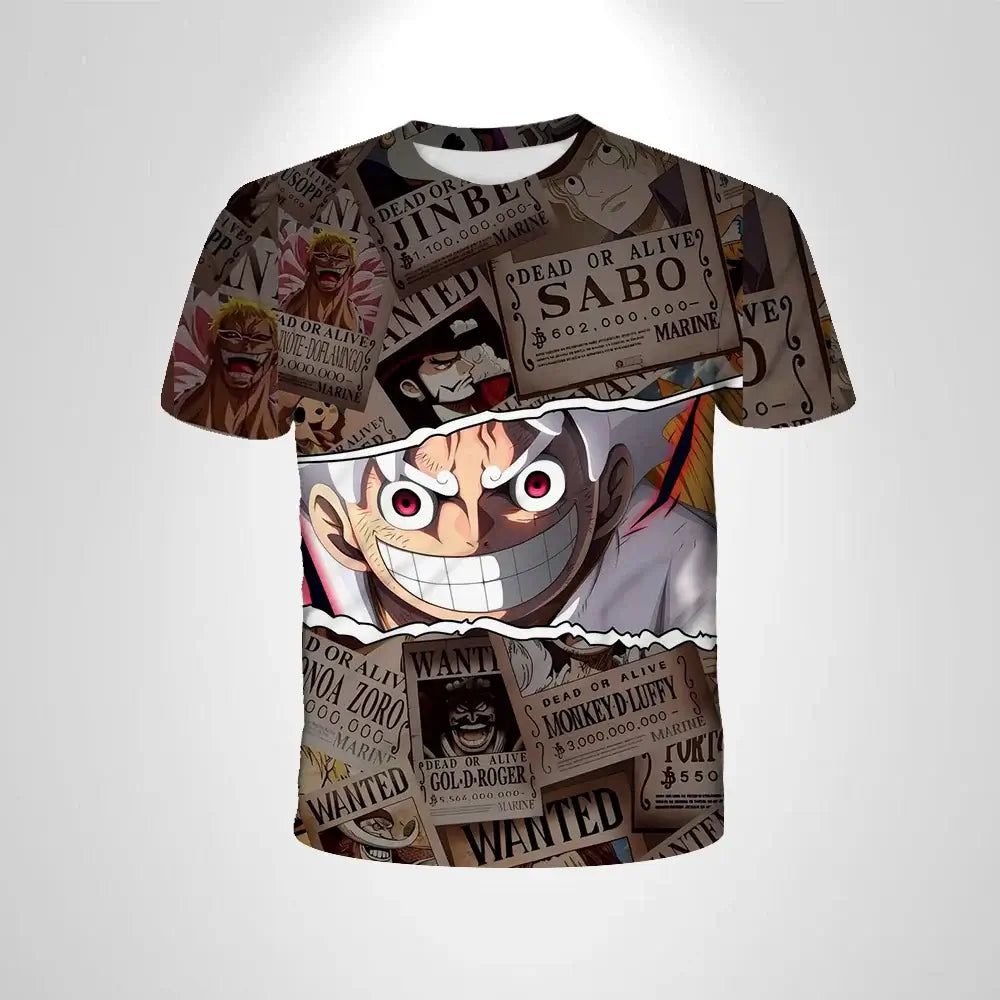 A breathable One Piece Luffy T-shirt featuring a cartoon graphic, designed as a loose-fit casual top for men and boys.