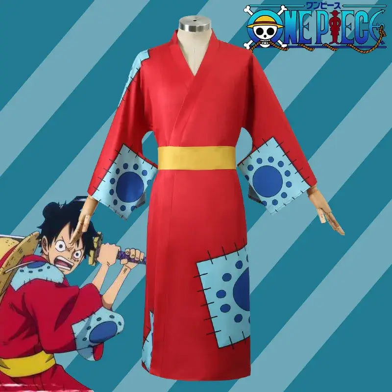 An adult wearing the 5-style Anime Monkey D Luffy Cosplay Costume from the Egghead arc, including the coat and hat.