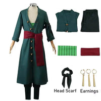 Roronoa Zoro Cosplay Costume including outfit, head scarf, and earrings available in adult sizes.