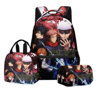 A 3-piece Jujutsu Kaisen Backpack Set featuring a digital print schoolbag, thermal lunch bag, and 2-layer pencil case for boys.