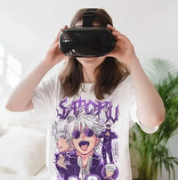 A trendy oversized Gojo Satoru T-Shirt featuring a funny horror graphic of Mahito from Jujutsu Kaisen, designed as anime streetwear.