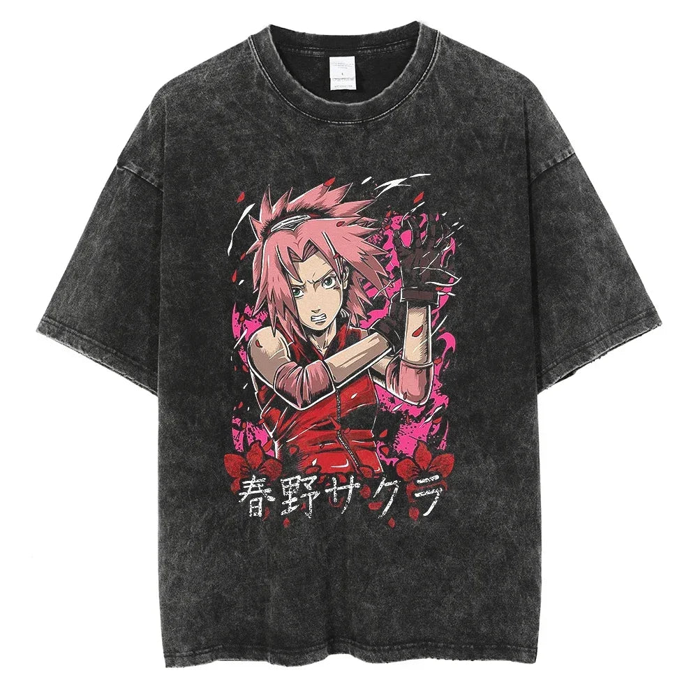 Men's vintage Naruto Rock Lee Streetwear T Shirt in a washed black style, featuring an anime graphic of the taijutsu master.